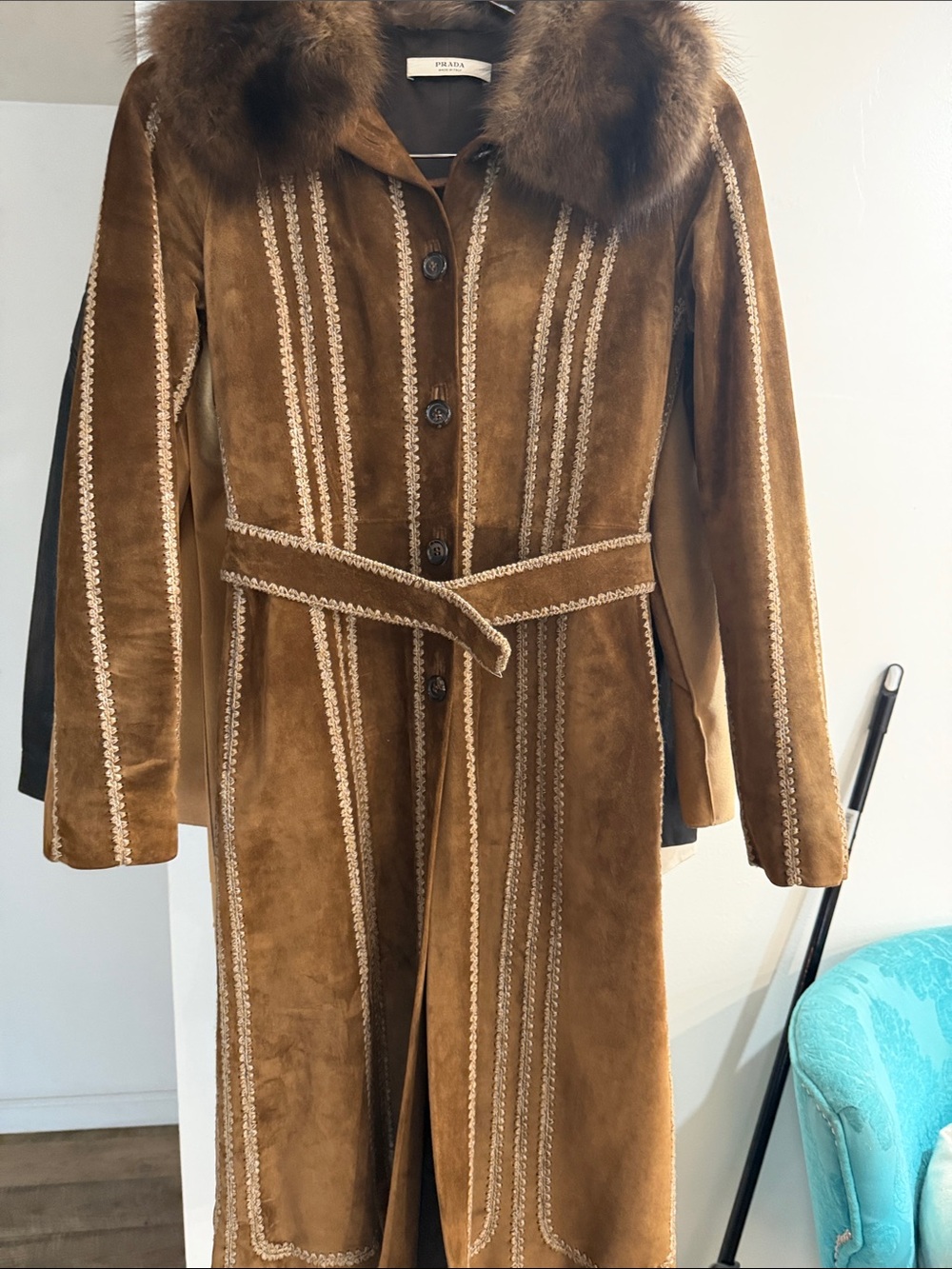 Prada Brown Leather Fur-Collar Coat Size 38 Like New 🧥🤎 vintage Y2K - Picture 16 of 16